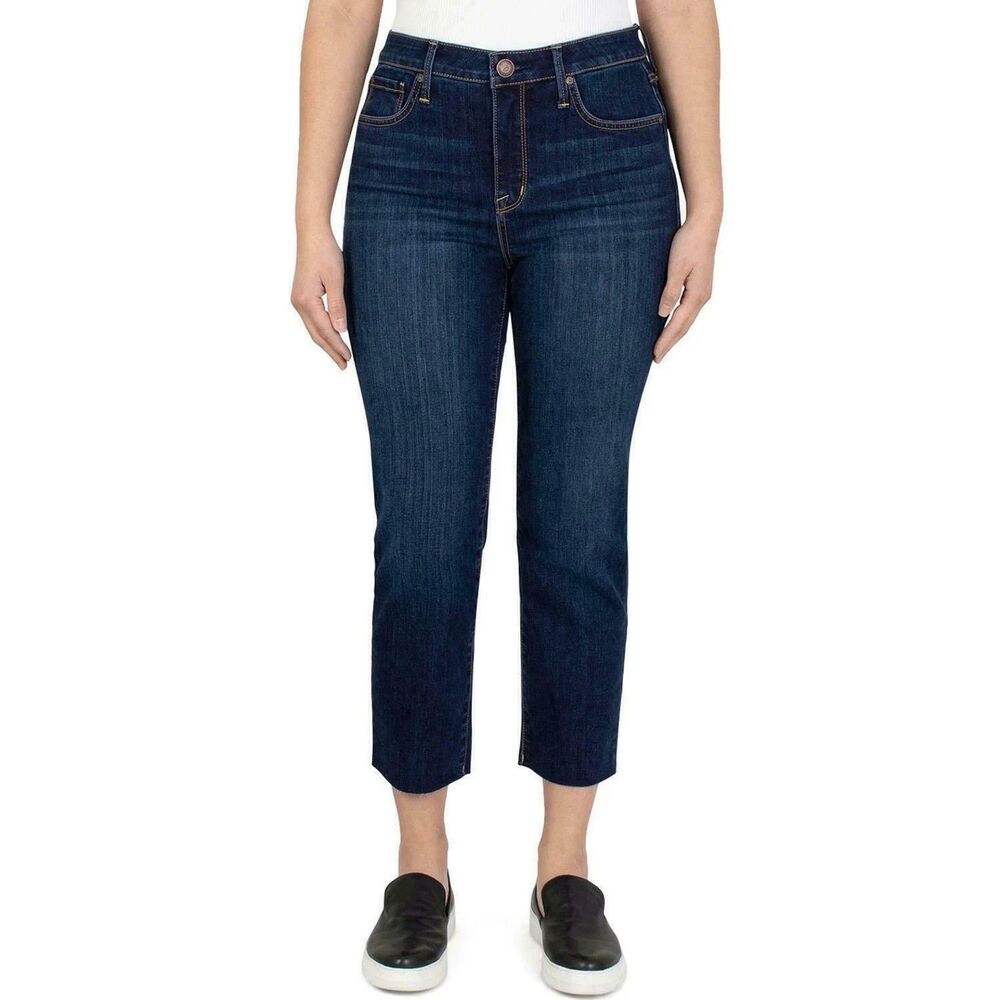 Seven7 Tower Straight Leg Cropped Jeans Womens 10 Blue Dark Wash Raw Hem NEW